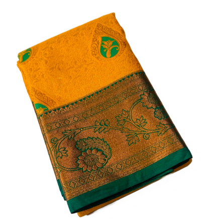 Vegan Silk Saree Mango Yellow shade with Green Border