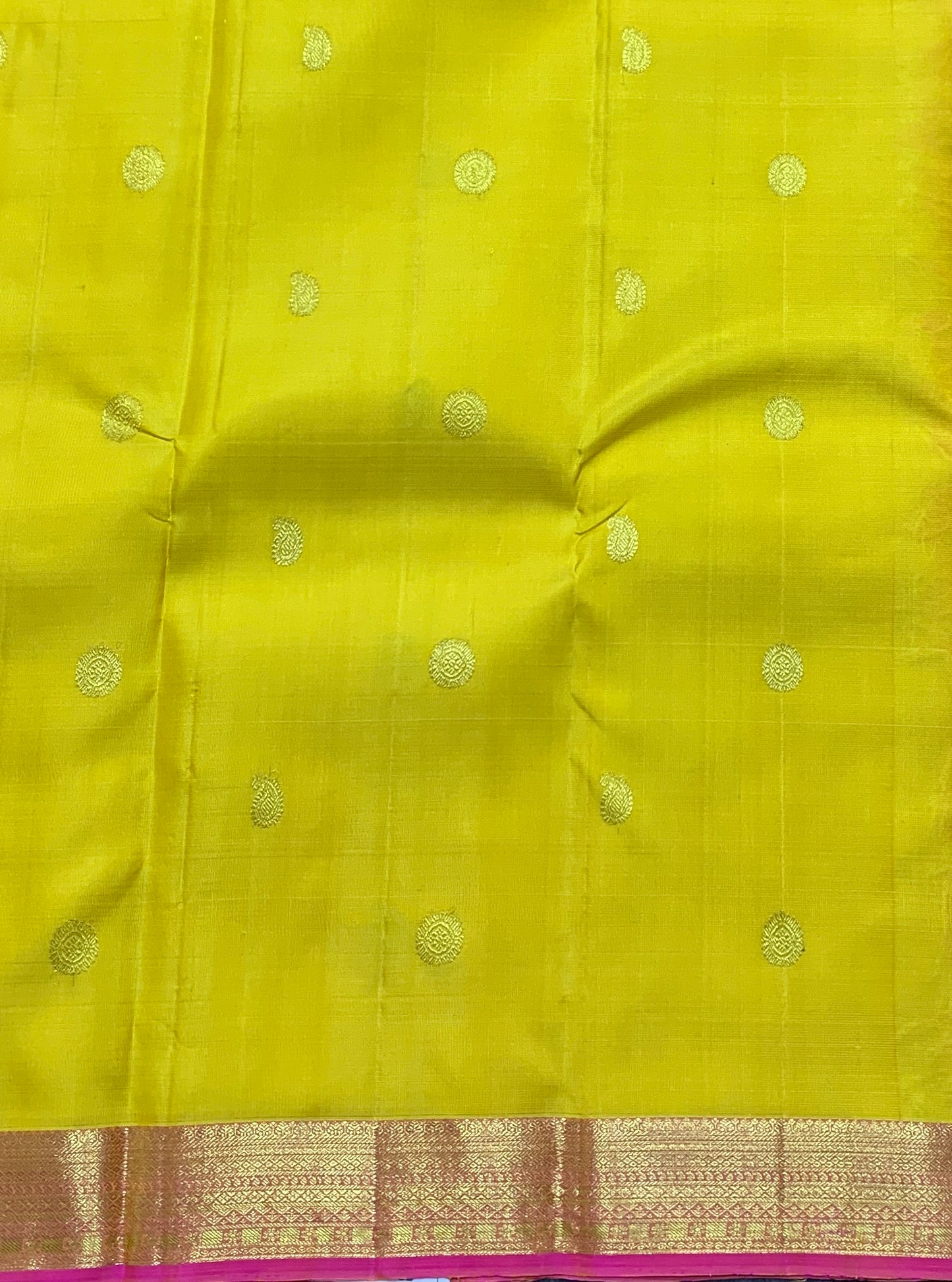 Pure Kanchipuram Silk Saree Yellow Colour with Golden Pink Border