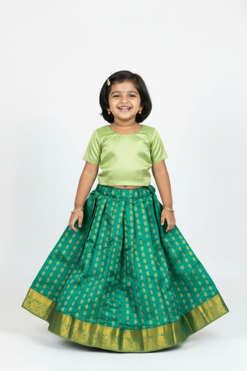 Rama Green Shade Pure Kanchipuram Kids Pattu Pavadai with Contrast Border for Newborn to 2 Years