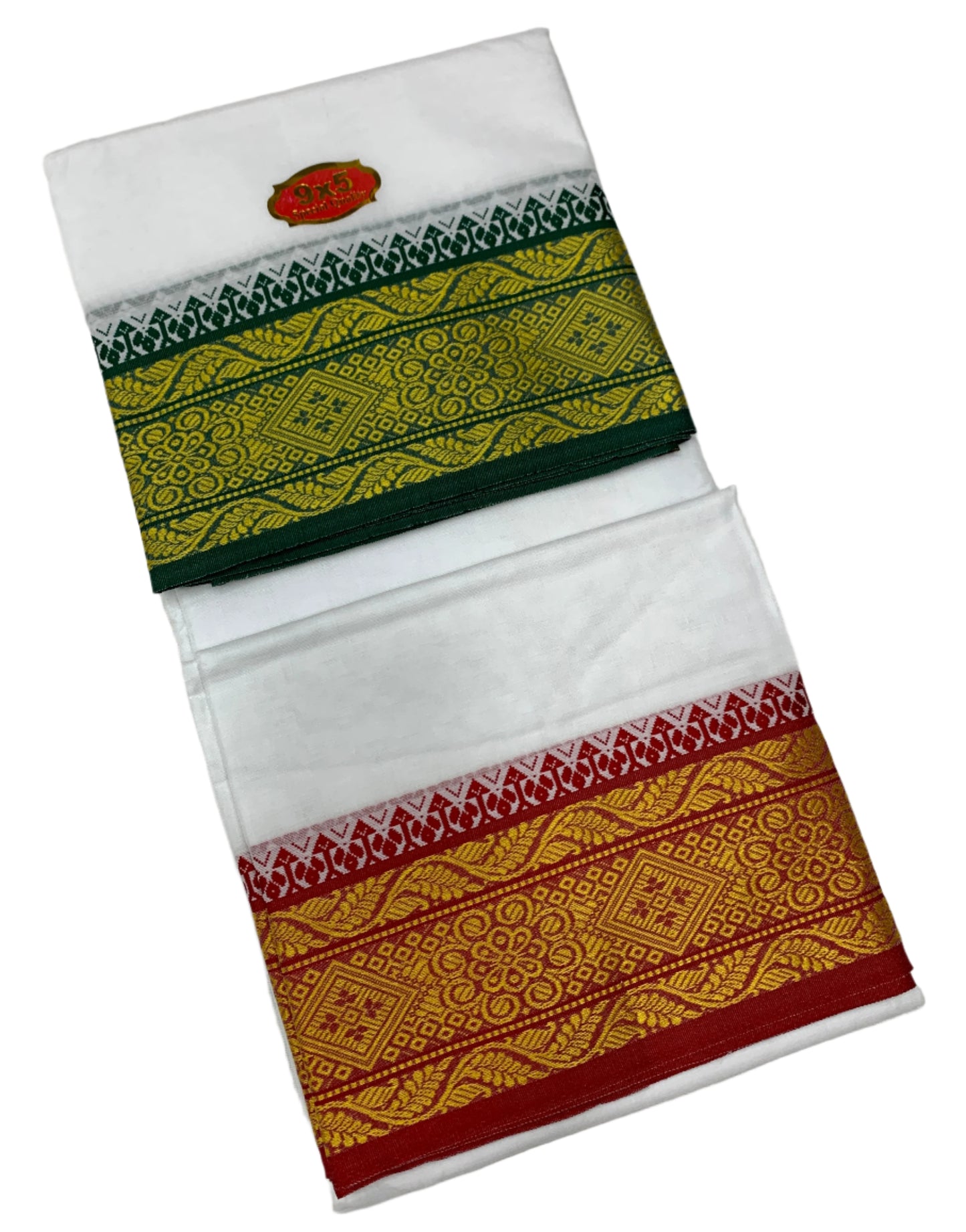 9X5 Cotton Dhoti White with Green and Maroon Ganga Jamuna Border