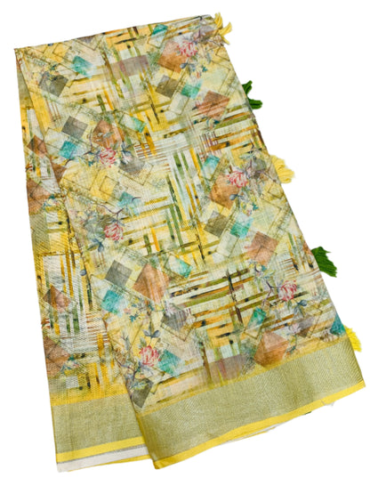 Jute Cotton Saree Lemon Yellow Shade with Thread Border