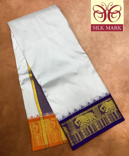 9X5 Pure Silk Dhoti White Colour with Blue and Orange Ganga Jamuna Border