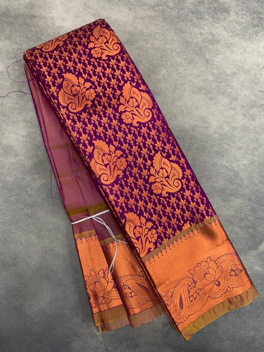 Vegan Silk Saree Purple Colour with Golden Yellow and Copper Border