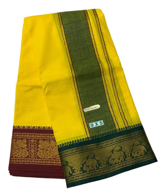 9X5 Cotton Dhoti Yellow Green and Maroon Border with Angavastram