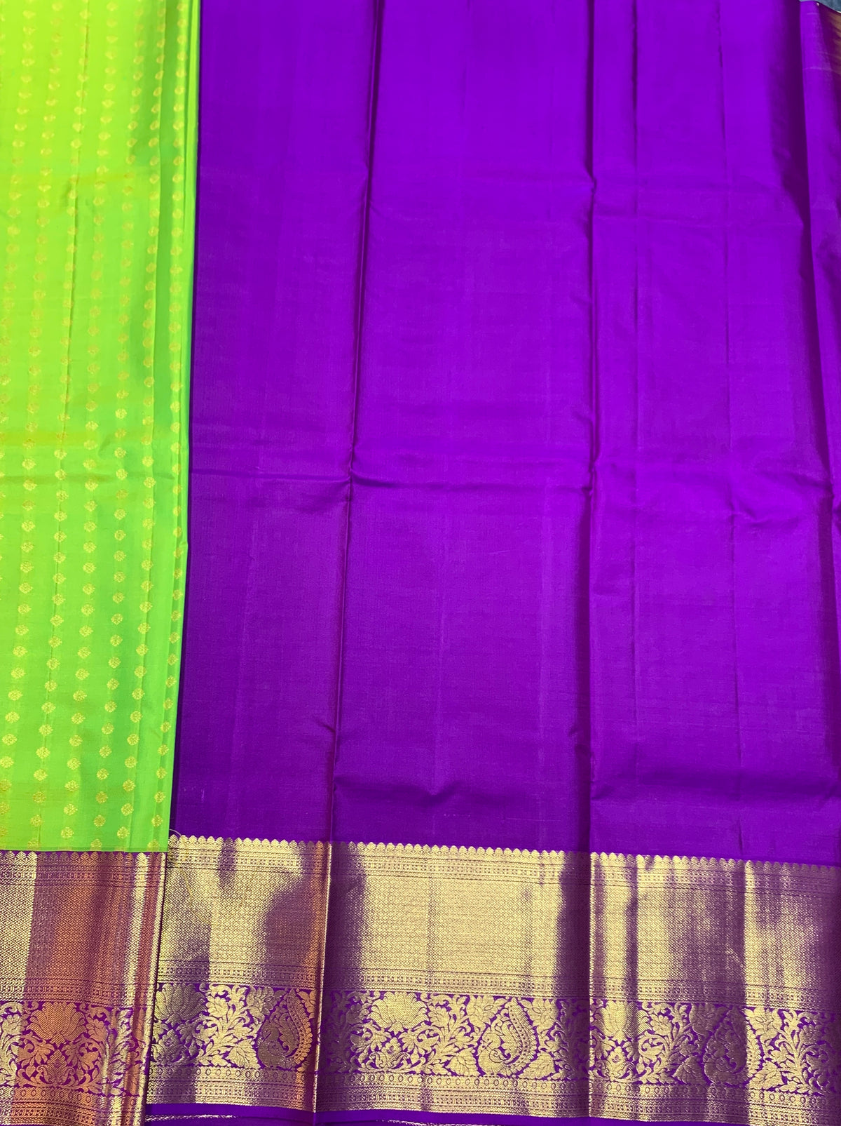 Parrot Green Shade Pure Kanchipuram Kids Pattu Pavadai with Contrast Border for Age Above 10 Years