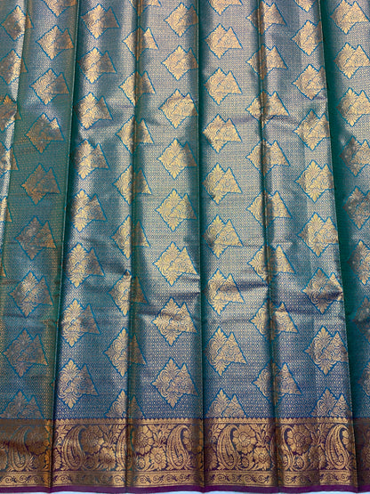 Vegan Silk Saree Rama Green Colour with Copper and Magenta Border