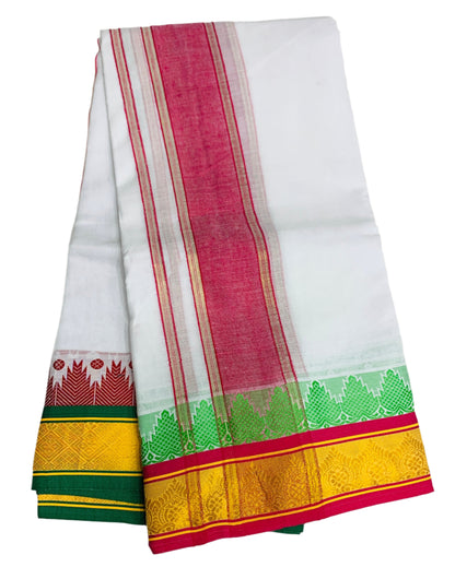 9X5 Cotton Dhoti White Colour with Pink and Yellow Border