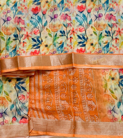 Jute Cotton Saree Orange Shade with thread Border