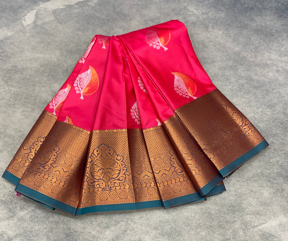 Soft Silk Casual Saree Tomato Pink Colour with Rama Green Colour Border