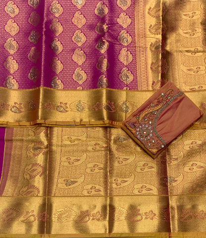 Bridal Vegan Silk Saree Pink shade with Golden Yellow Border with Unstitched blouse in Aari Work