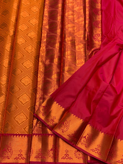 Vegan Silk Saree Golden Yellow Colour with Pink and Copper Border