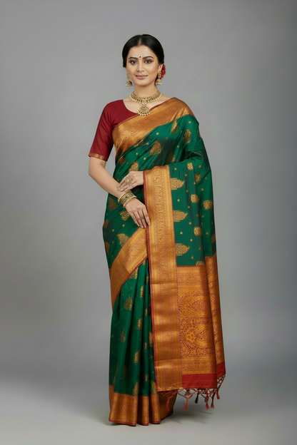 Soft Silk Casual Saree Green Colour with Maroon and Golden Colour Border