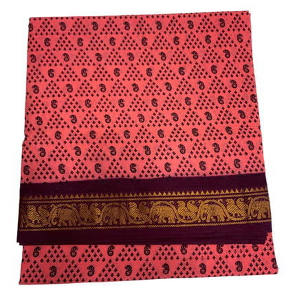 Chettinad Sungudi Cotton Peach Pink Colour with Brown Border