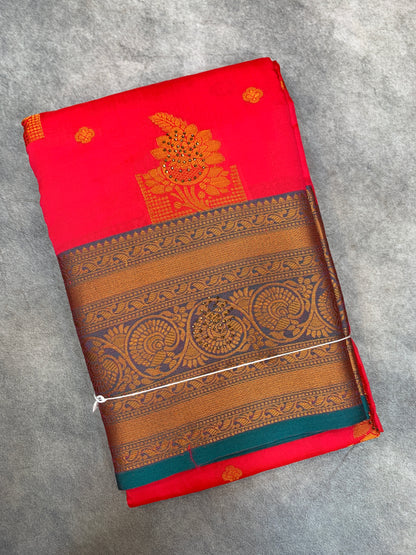 Soft Silk Casual Saree Peach Pink Colour with Rama Green and Golden Colour Border