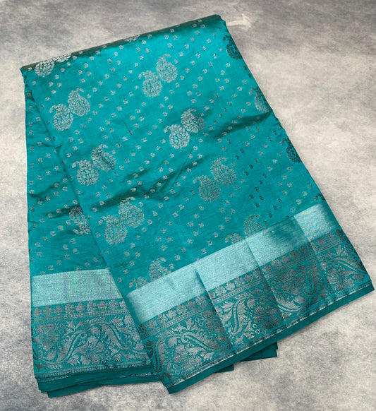 Tussar Saree Colour Rama Green Colour With Block Zari Work Border