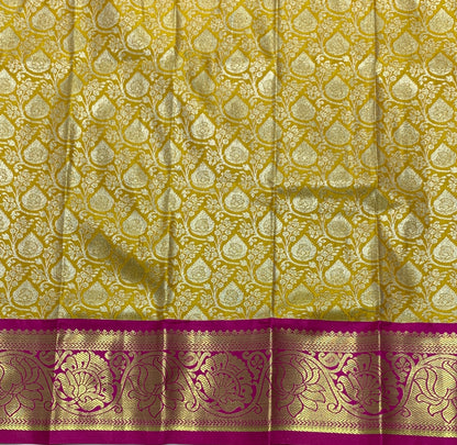Mustard Shade Vegan Silk Kids Pattu Pavadai with Contrast Border for Newborn to 2 Years