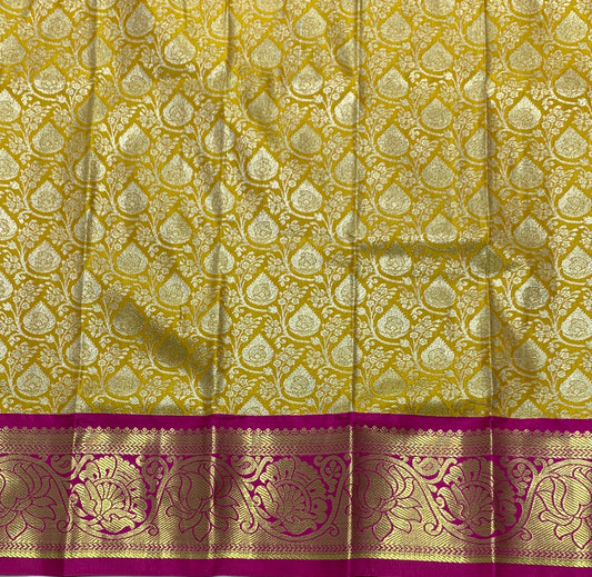 Mustard Shade Vegan Silk Kids Pattu Pavadai with Contrast Border for Newborn to 2 Years