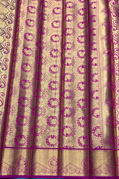 Vegan Silk Saree Green Colour with Pink and Copper Border