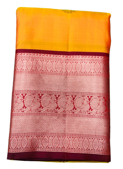 Pure Kanchipuram Silk Saree Mango Yellow Colour with Maroon Border