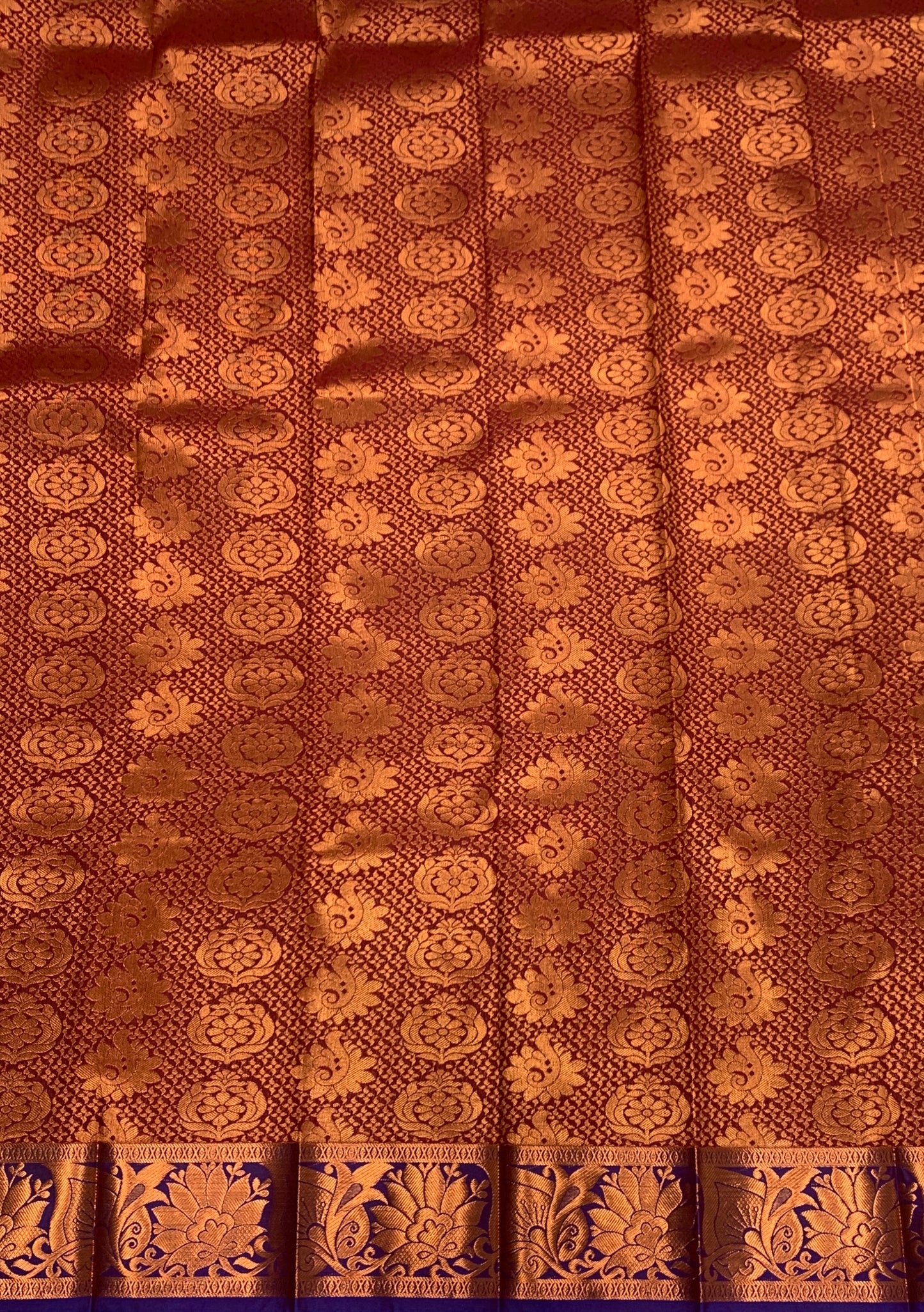 Vegan Silk Saree Brown Colour with Copper and Blue Border