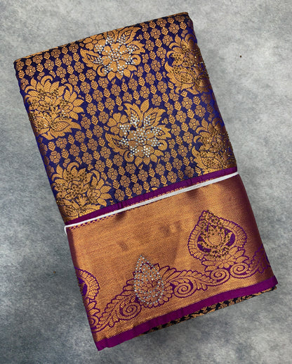 Vegan Silk Saree Blue Colour with Copper and Magenta Border