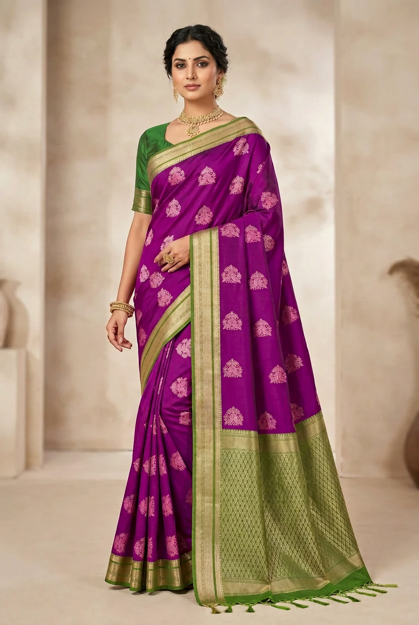 Art Silk Saree Magenta Colour with Olive Green Colour Border