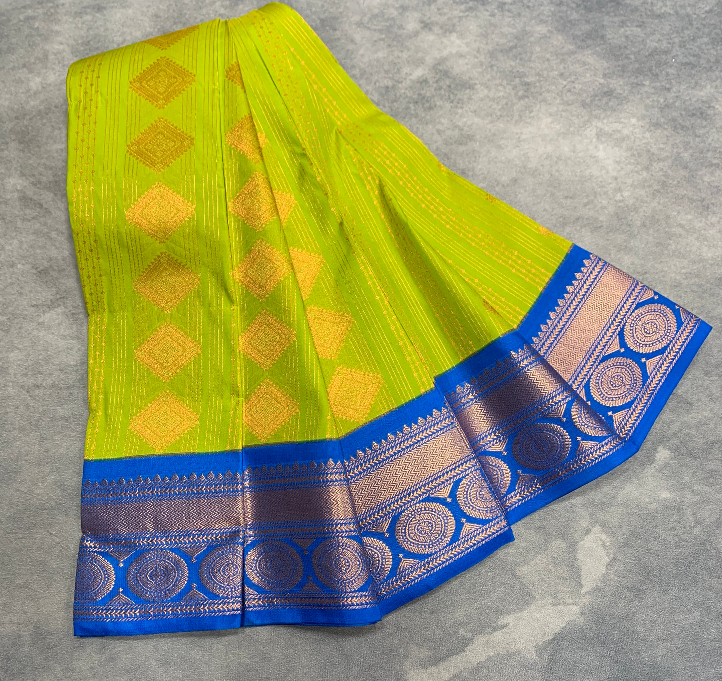 Vegan Silk Saree Lime Green Colour Saree with Blue Colour Contrast Border