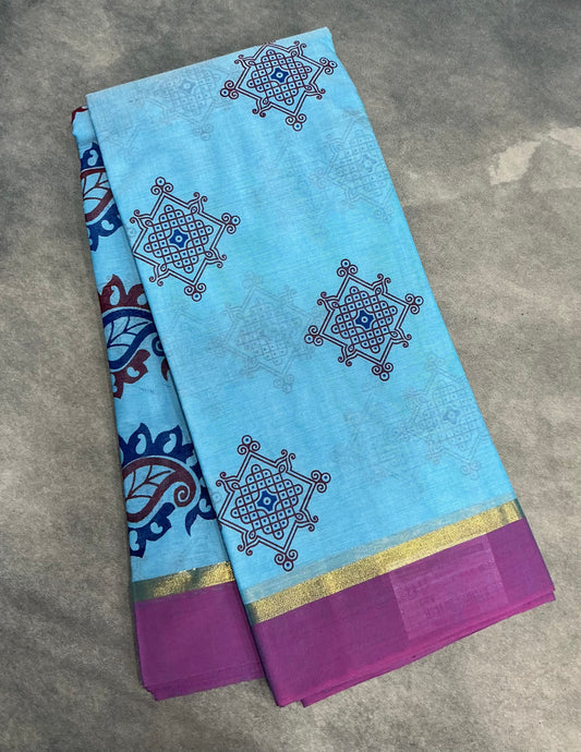 Chettinad Sungudi Cotton Sky Blue Colour with Magenta Pink Colour Border