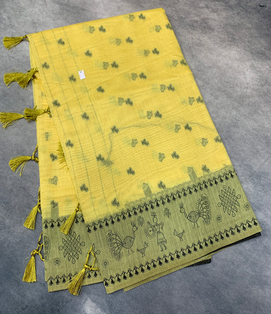 Banaras Katan Saree Yellow Colour with Katan Work Border