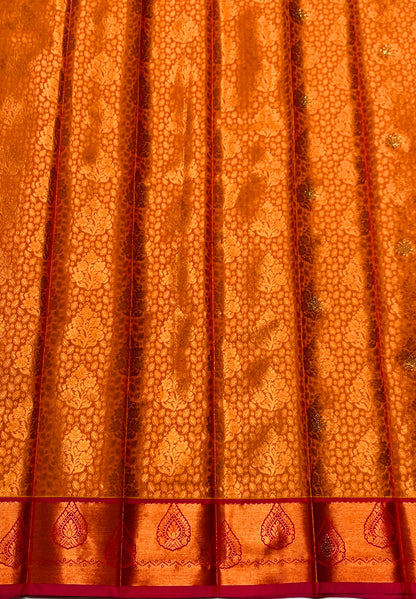 Vegan Silk Saree Mustard Colour with Copper and Pink Border