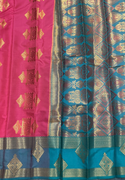 Soft Silk Casual Saree Tomato Pink Colour with Rettai Rama Green Colour Border