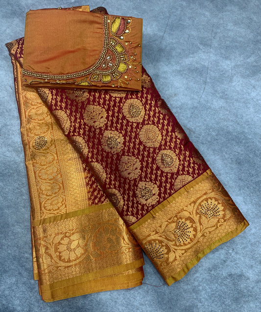 Bridal Vegan Silk Saree Maroon shade with Golden Yellow Border with Unstitched blouse in Aari Work