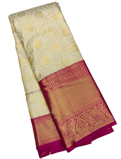 Ivory Colour Semi Silk Saree with Big Pink Border