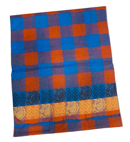 Chettinad Cotton Saree Blue and Orange Colour with Checked Design