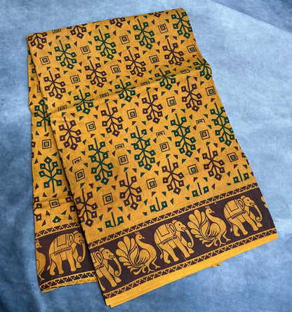 Chettinad Sungudi Cotton Mustard Colour with Brown Colour Border
