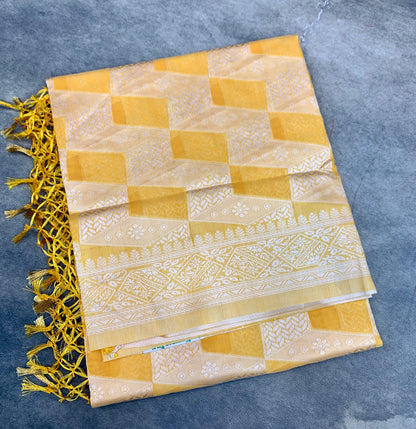 Banaras Katan Saree Yellow Colour with Katan Work Border