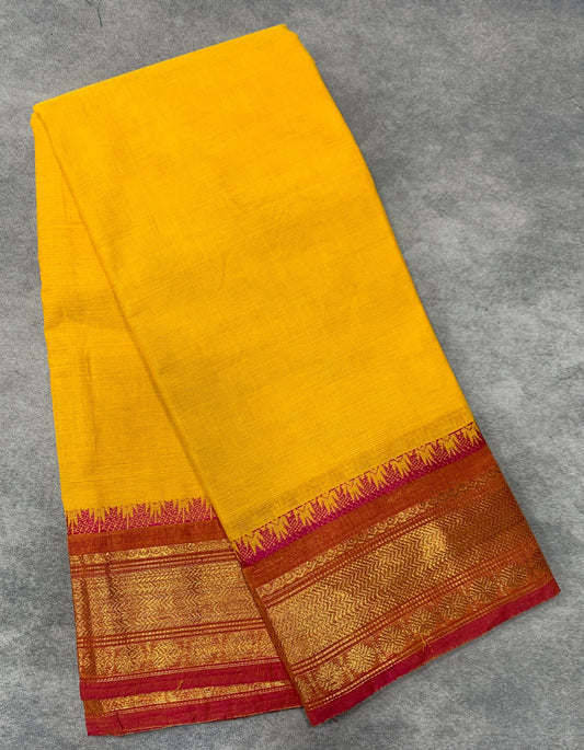 Chettinad Cotton Saree Yellow Colour with Light Brown Border