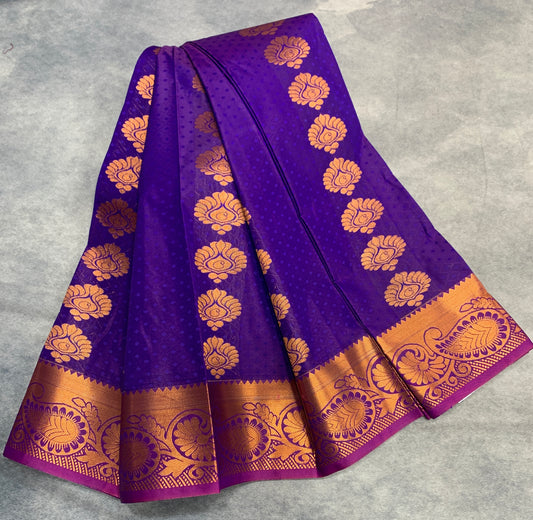Vegan Silk Saree Violet Colour Saree with Copper Border