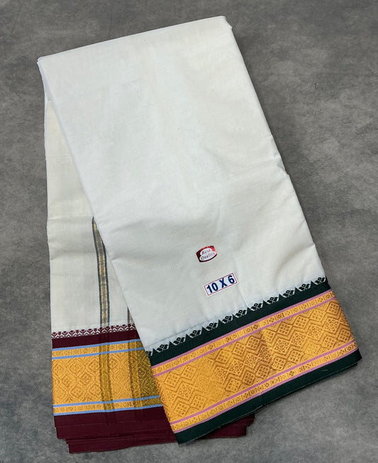 10X6 Cotton Dhoti White Colour with Yellow Border