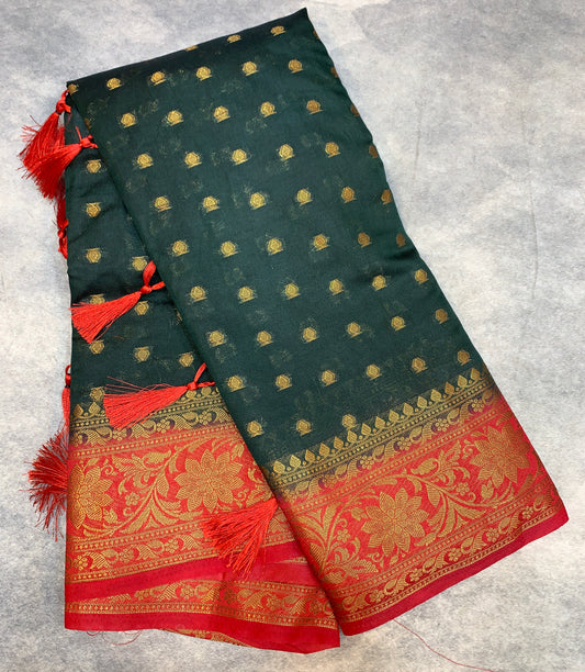 Crepe Saree Green Colour with Red Border