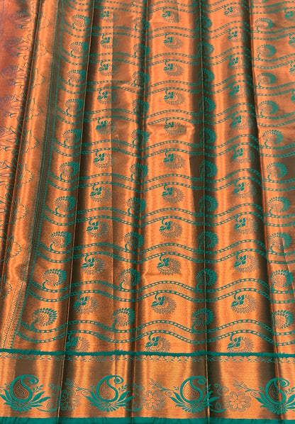 Vegan Silk Saree Pink Colour with Light Green and Copper Border