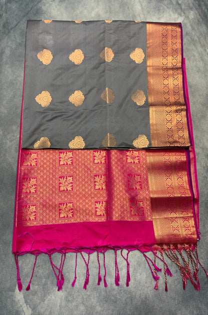 Soft Vegan Silk Saree Gray Colour with Pink and Copper Border