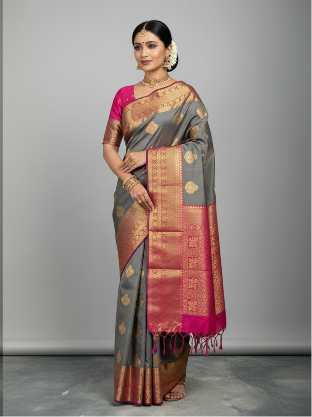 Soft Vegan Silk Saree Gray Colour with Pink and Copper Border