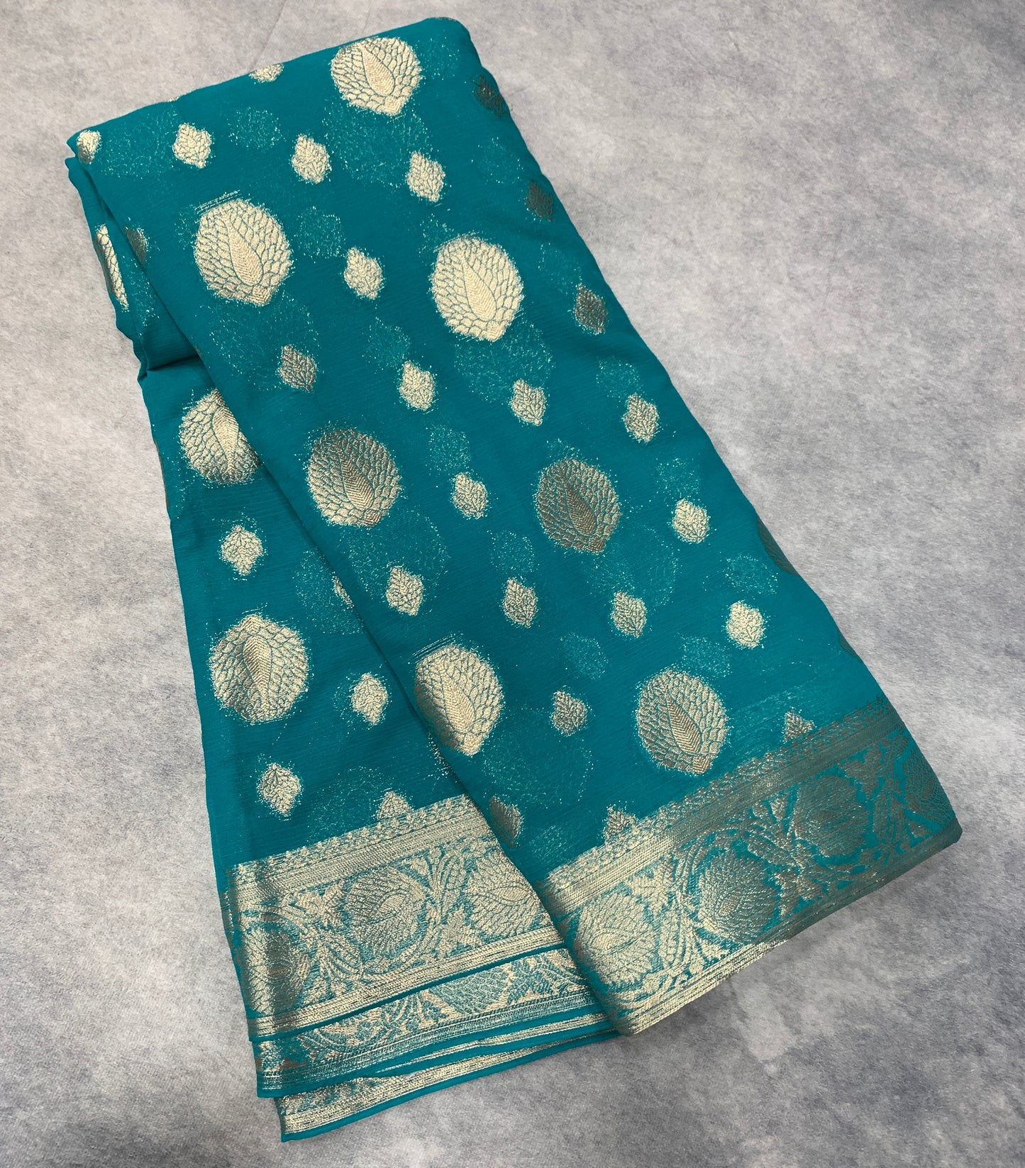 Georgette Saree Rama Green Colour with Sliver Floral Design Border