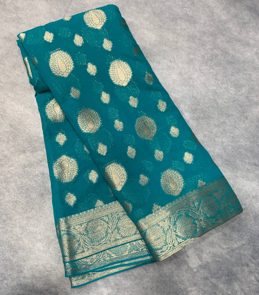 Georgette Saree Rama Green Colour with Sliver Floral Design Border