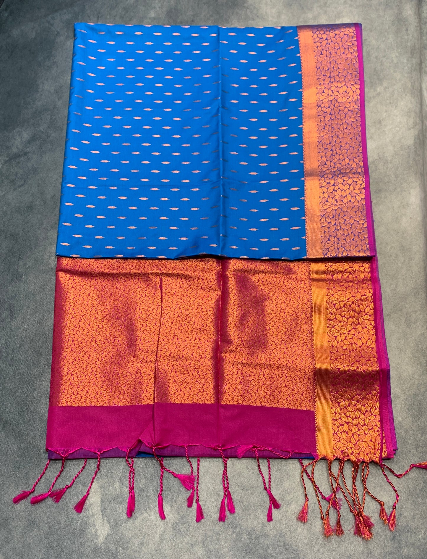 Soft Vegan Silk Saree Sky Blue Colour with Pink and Copper Border