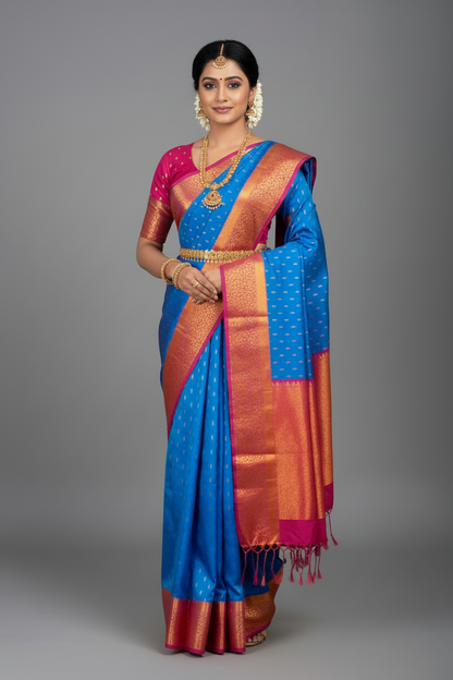 Soft Vegan Silk Saree Sky Blue Colour with Pink and Copper Border