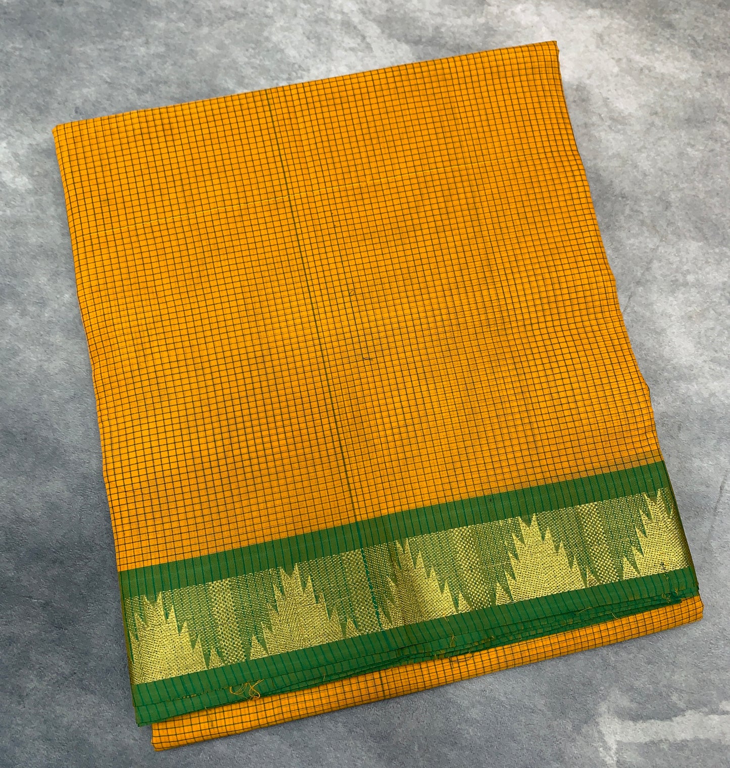 9 yards Cotton Saree Mustard Colour with Light Green and Temple Border