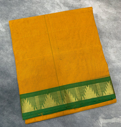 9 yards Cotton Saree Mustard Colour with Light Green and Temple Border