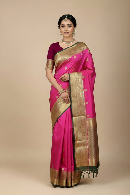 Pure Kanchipuram Silk Pink Colour with Magenta and Golden Zari Border